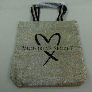 Victorias Secret Gold Glitter Tote Bag Sparkly Glam Spellout Double Straps NWT